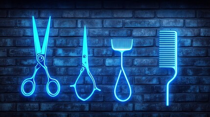 Glowing Neon Blue Scissors and Comb Icons on Dark Blue Background, Representing Hairdressing, Barber Shops, and Beauty Salons. Perfect for Salon Promotions and Styling Projects.