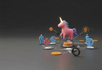 Unicorn and gold coins for start up business.  Business start up, financial payment concept. Blank copy space to add text. Business related poster, banner or flyer designing.