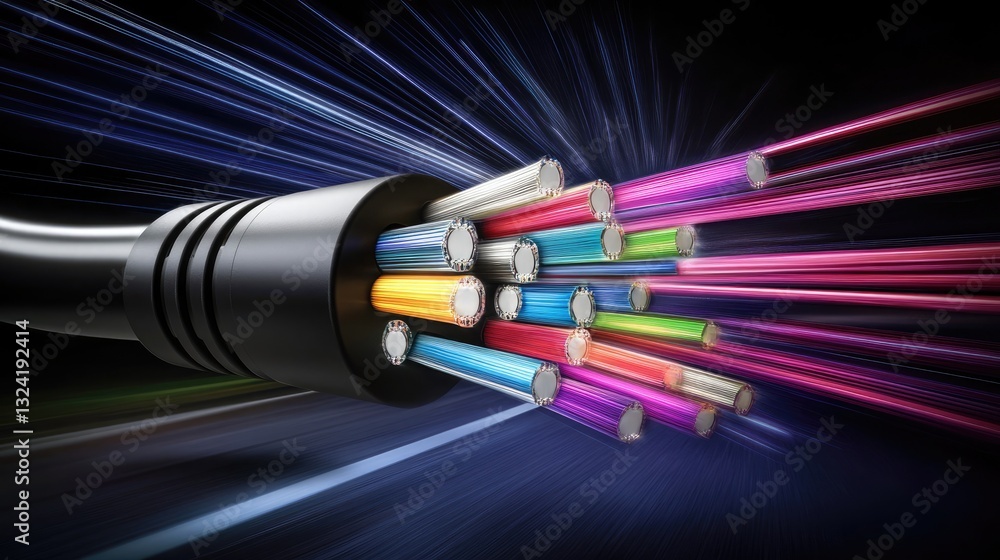 Poster multicolored light streams flowing through fiber optics in a tech-inspired scene
