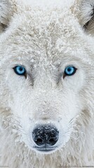 Obraz premium Close-up of a white wolf with striking blue eyes, fur covered in snow