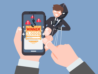 Thief Hacker trick you into winning a reward or Invest to earn returns. Fraud scam and steal private data on devices. vector illustration flat design for cyber criminal awareness concept.