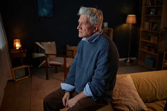 Elderly man in cozy living room sitting on sofa looking thoughtful wearing blue sweater and collared shirt surrounded by room decor and furniture - Powered by Adobe