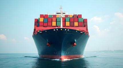 front view of cargo ship loaded with colorful containers sailing on calm waters
