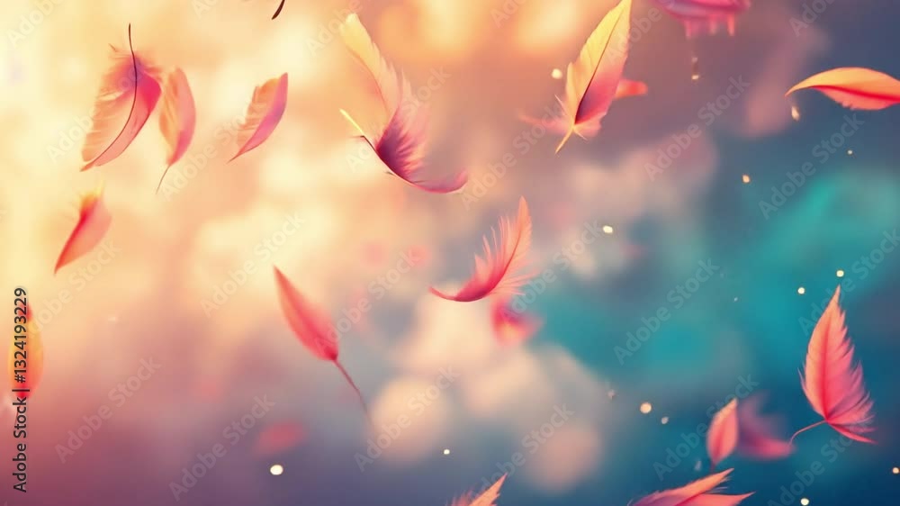 Poster feathers in dream: a picturesque scene unfolds as delicate feathers float weightlessly against a bac