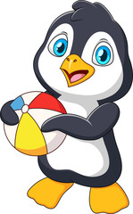 cute cartoon penguin holding a beach ball. Playful animal illustration for summer designs, vacation themes, childrens artwork, or beachrelated content.