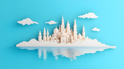 Fototapeta premium Majestic fantasy castle landscape dreamy blue background digital art tranquil setting aerial view