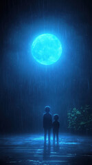 Fototapeta premium Two boy stand looking at blue moon, feel lonely in rain at night in mysterious, scary atmosphere and full moon