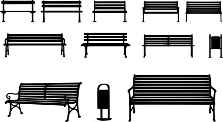park benches, silhouettes, black and white, minimalist design, urban furniture, geometric shapes, outdoor seating, public spaces, simple lines, repetitive pattern, clean aesthetic, architectural 