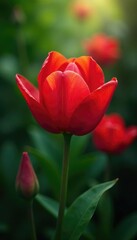 Naklejka premium Red petals unfolding in a slow, dreamlike manner, foliage, greenery, dreamy