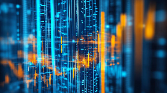 Abstract digital data stream background blue orange technology code flow lines cyber future binary