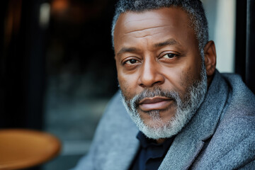 Obraz premium Portrait of a Mature Man with Gray Beard in Thoughtful Pose at a Cafe