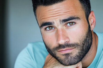 Obraz premium Thoughtful Young Man with Beard Posing in Casual Attire Looking Intently at Camera