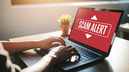 Person using laptop displaying a scam alert warning on screen, signifying online security, internet fraud prevention, and digital safety awareness