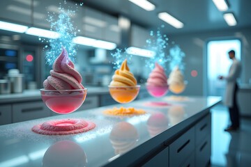 A chef prepares colorful ice cream bowls with vibrant swirls in a modern kitchen, showcasing a magical, whimsical atmosphere and creativity in dessert making