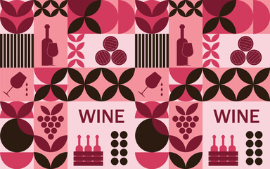 Seamless mosaic pattern on the theme of red wine with traditional icons. Trendy pattern, poster for wine, for wine menu, packaging. Vector illustration