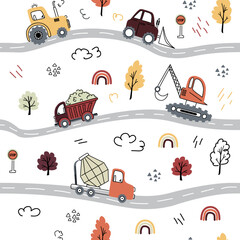 Seamless children's pattern with trucks, dump truck, concrete mixer in doodle style for boys. Vector illustration © Mariana