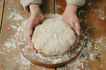 Fototapeta premium Hands kneading dough on wooden board for homemade baking preparation