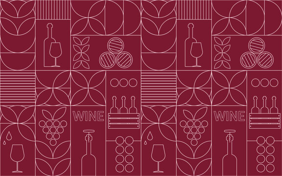 Red wine themed background with design elements in simple geometric style. Seamless trendy pattern with abstract shapes. Perfect for wine packaging design, cover design, wine menu
