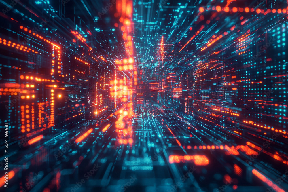Aufkleber abstract digital data stream tunnel orange blue technology background code flow cyber light lines
