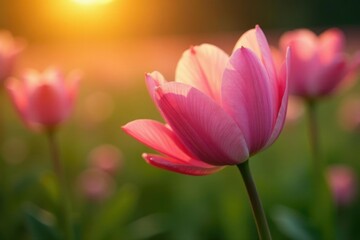 Soft pink petals unfolding in warm golden light, farm, dawn