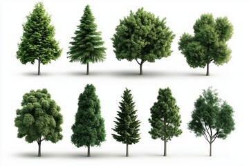 3d realistic green trees collection isolated on white background