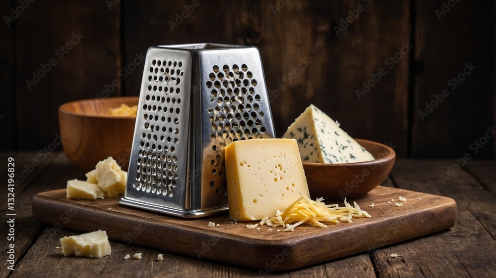 Poster grated cheese and assorted wedges displayed on a wooden board in a rustic kitchen setting