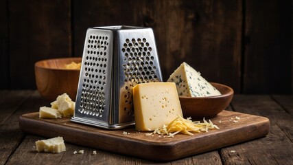 Grated cheese and assorted wedges displayed on a wooden board in a rustic kitchen setting
