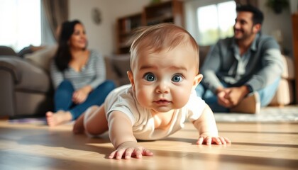 Fototapeta premium Adorable Baby Crawling Towards Camera, Parents Watching with Love