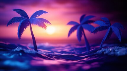 Obraz premium Exotic island retreat with deep magenta and cyan summer sunset gentle sea breeze and artistic 3D paper cut palm trees.