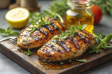  Close-up shot of perfectly grilled chicken breasts, artfully arranged on a rustic wooden board, surrounded by fresh ingredients and tantalizing culinary delights