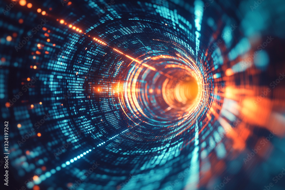 Poster abstract digital tunnel with bright orange and blue data streams code glow light speed cyber future