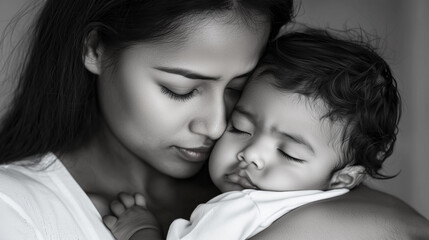 A mother tenderly holding her sleeping baby close in a peaceful, loving embrace. Black and white photo.