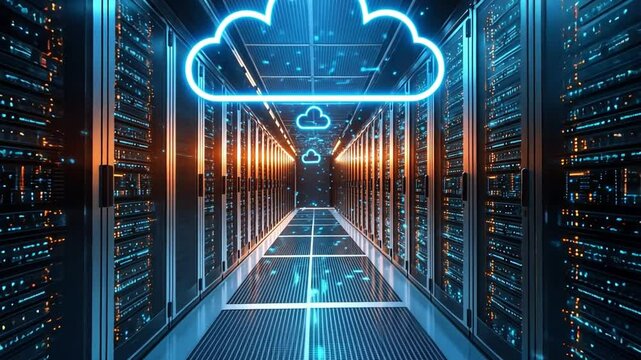 Cloud Data Center: Futuristic view of a data center with server racks, digital cloud graphics. Illustrating technology and cloud computing