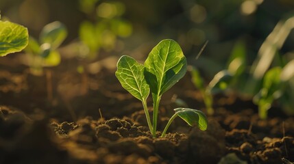 Close-up of a vibrant green lettuce plant growing in a garden on a sunny day, with a blurred background. Macro photography, professional photo