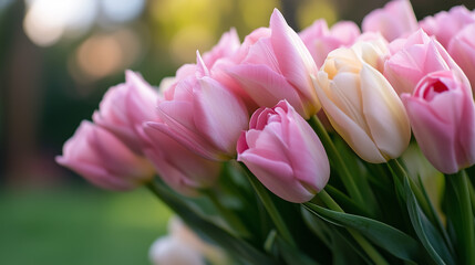Fototapeta premium Beautiful bouquet of pink and white tulips blooming outdoors with soft, natural sunlight in the background.
