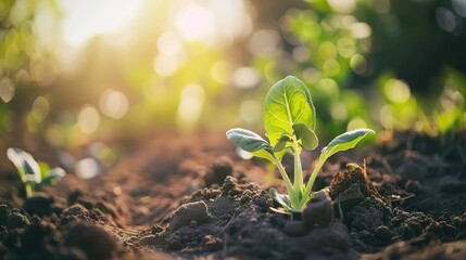 Close-up of a vibrant green lettuce plant growing in a garden on a sunny day, with a blurred background. Macro photography, professional photo