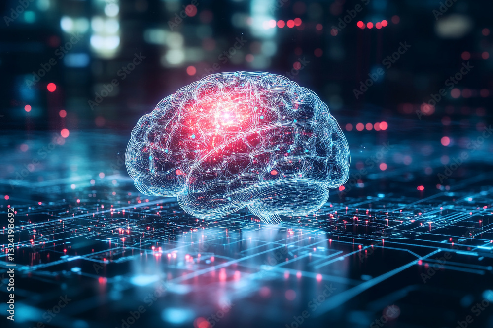 Poster abstract digital brain neural network artificial intelligence red data mind blue glow light cyber