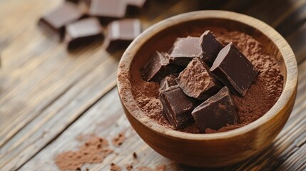 Chocolate pieces with cocoa powder in bowl on wooden table