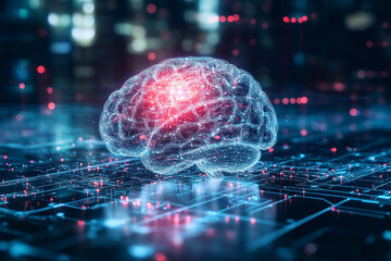 Abstract digital brain neural network artificial intelligence red data mind blue glow light cyber