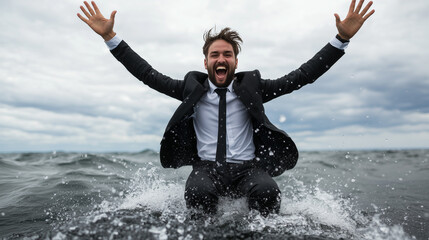 Excited businessman in a suit jumping into the ocean, celebrating freedom, risk-taking, and a fresh start.