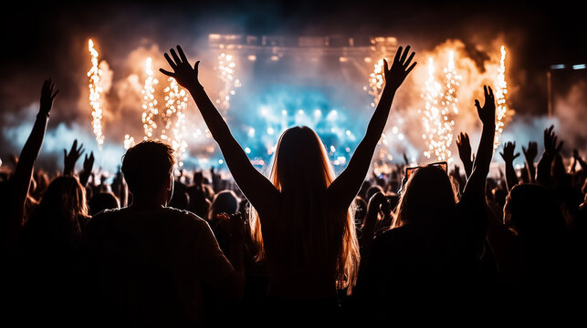 Crowd enjoying fireworks at a lively night concert.