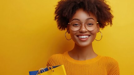 Cheerful happy woman enjoying shopping with copy space on the right side