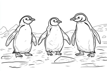 A family of penguins waddling on ice, coloring page for kids, simple outline illustration. Coloring book, simple lines