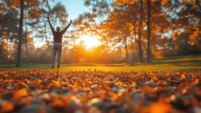 A joyful golfer celebrates a successful shot amidst vibrant autumn leaves at sunset