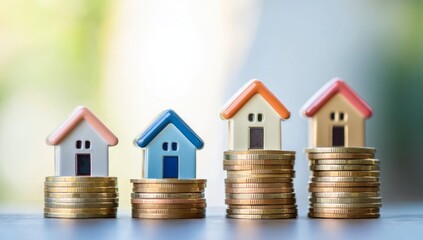Miniature houses on stacks of coins