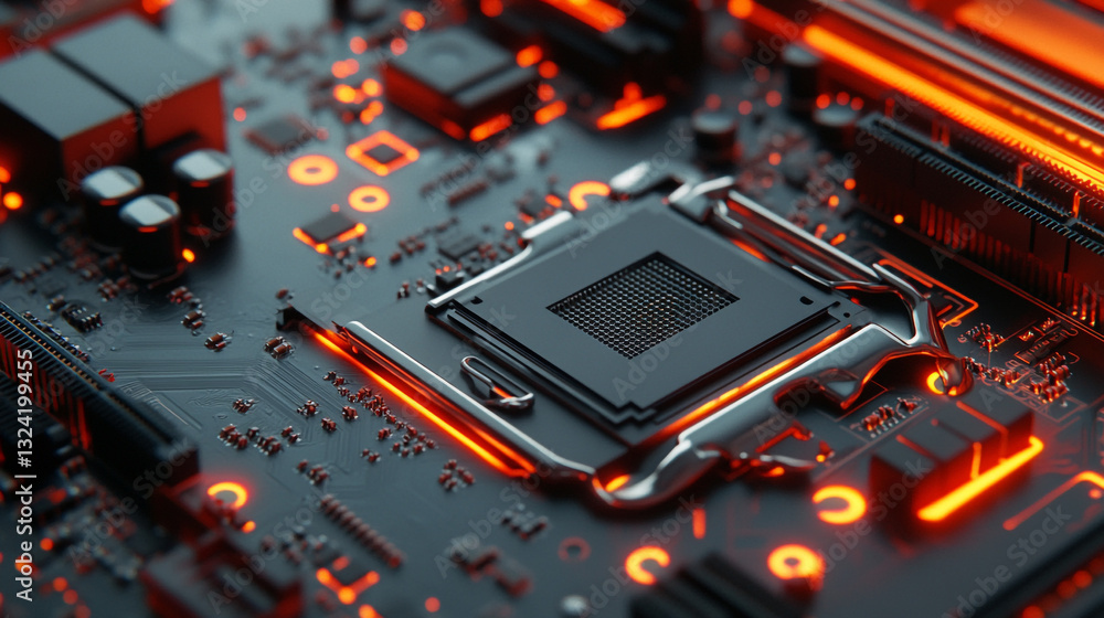 Poster closeup view of a modern computer motherboard with glowing orange circuits and a central processor
