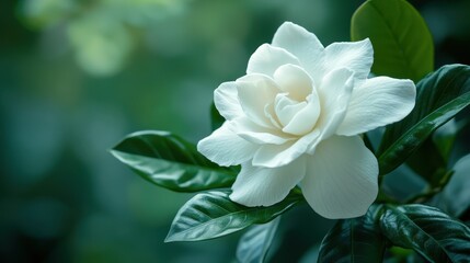 Obraz premium A delicate white gardenia, adorned with a crown of lush green leaves, stood majestically against a soft, verdant backdrop, exuding an aura of tranquility and grace.