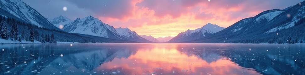 Snowflakes gently fall onto a frozen lake at dawn, dusk sky, mountains, ice surface