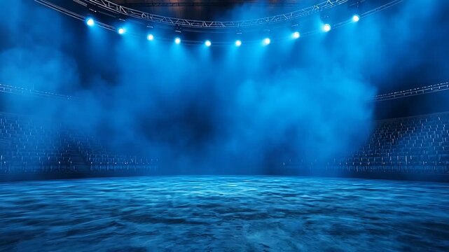 Vibrant blue stage lights and fog in an empty arena setting