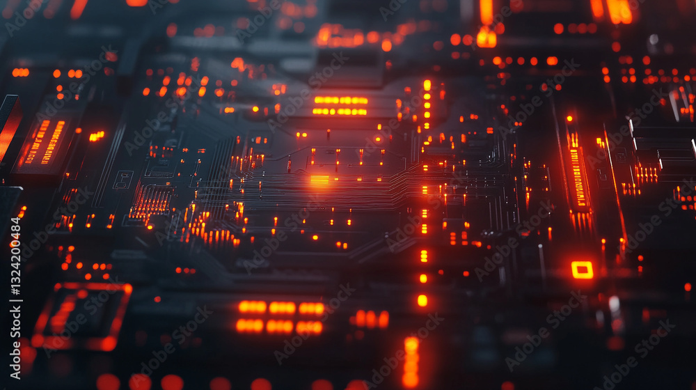 Poster abstract futuristic technology circuit board with glowing orange lines and details red dark data